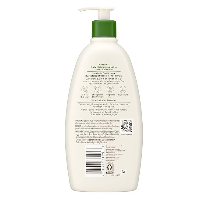 Aveeno Sheer Hydration Fragrance-Free Daily Moisturizing Lotion with Prebiotic Oat for Dry Skin, Lightweight, Fast-Absorbing Body Moisturizer Nourishes Skin with 48-hour Moisture, 18 fl. oz