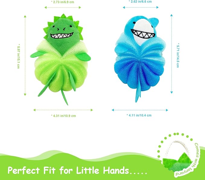 Kids Bath Sponge & Loofah for Kids - 2 Pack Net-Style Mesh with Dinosaur & Shark, Gentle Baby Sponge for Bathing & Toddler Loofah, Soft Exfoliating Pouf
