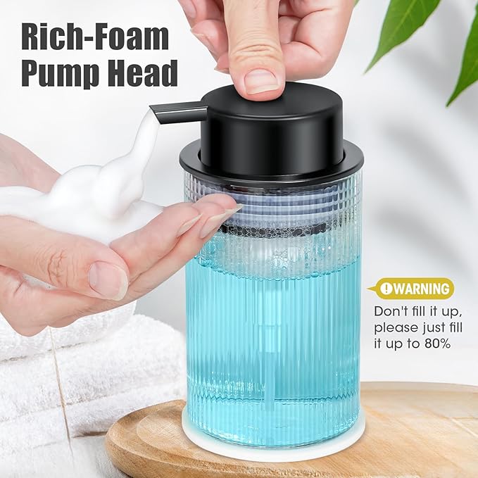 NiHome 14oz Multifunctional Glass Foaming Hand Soap Dispenser with Elegant Stripe Pattern, High-Capacity Easy to Refill for Home & Commercial Use, Advanced Foam Pump & Non-Slip Base (Frosted Black)