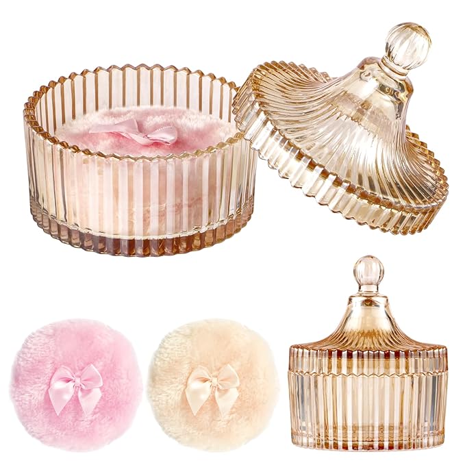 3 Pcs Dusting Powder Container with Puff, 3.54 Inch Soft Velour Dusting Powder Puff and Glass Powder Container, Washable Reusable Wet & Dry Powder Applicator for Women