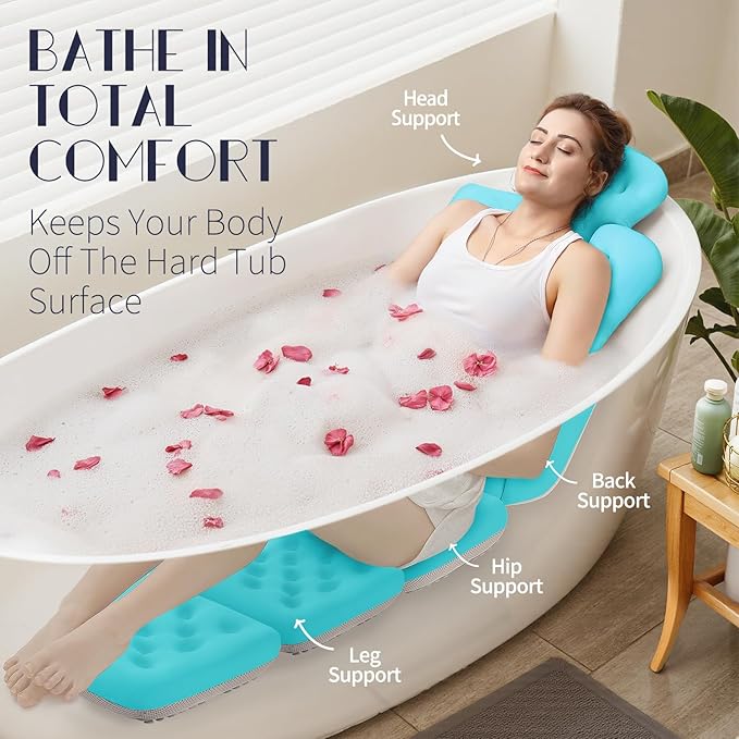 Full Body Bath Pillow for Bathtub, Thick Bathtub Cushion with Laundry Bag, Luxury Tub Pillow for Bath for Headrest Neck and Back Support Ocean Blue 60" x 16"
