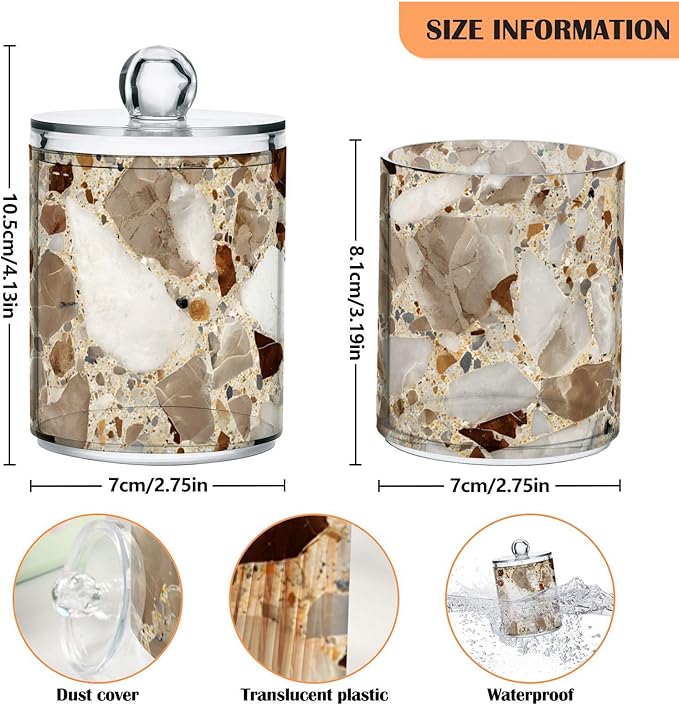 2 Pack Beige and Brown Marble Print Apothecary Jars with Lid, 10 Oz Clear Plastic Apothecary Jar Set Qtip Holder Storage Containers for Cotton Ball Swabs Bathroom Vanity