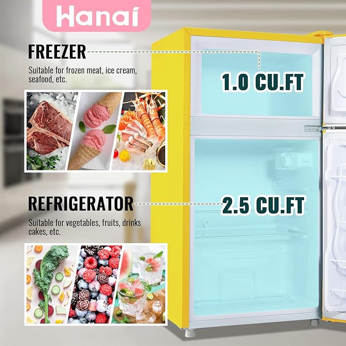WANAI 3.5 Cu.ft Small Refrigerators Retro Mini Fridge with Freezer Yellow Full-sized Fridge Dual Door Dual Handle Classic Removable Glass Shelves Adjustable Thermostat for Home Office Dorm RV