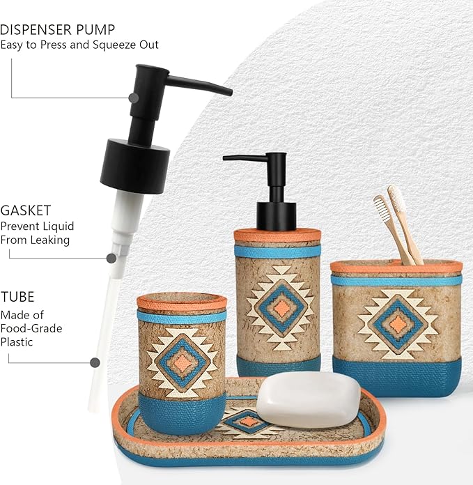 Bathroom Accessory Sets 4PCs Bathroom Set Complete Tribal Home Decor Southwest Pattern Shape Includes Lotion Dispenser Toothbrush Holder Tumbler Cup & Vanity Tray