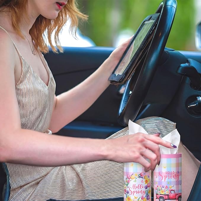 12 Pack Hello Spring Car Tissue Cylinder Holder Bulk with 3 Ply Facial Tissues Flower Round Napkin Holders for Cup Holder Cylinder Floral Mason Jar Travel Paper Tubes Bulk Napkin Boxes Packs