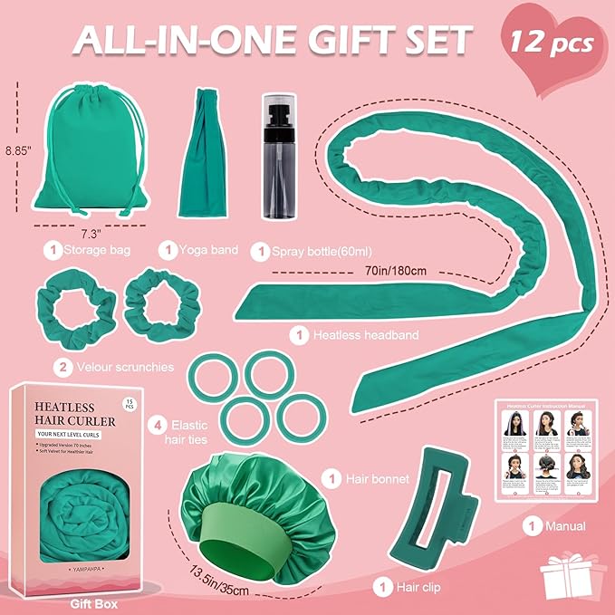 Heatless Curls Overnight Headband, 70'' No Heat Hair Curlers with Hair Bonnet for Sleeping, Blue-Green
