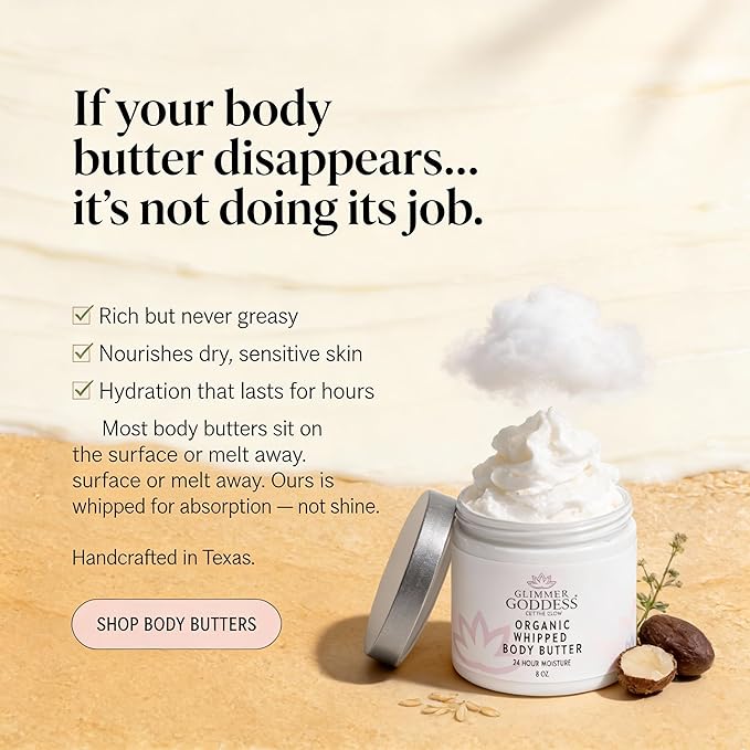 GLIMMER GODDESS Organic Whipped Body Butter for Women - Moisturizer Cream with Shea & Cocoa Butter, Almonds & Coconut Oil - Coconut, 8oz