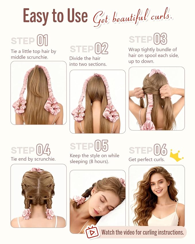 BONNET QUEEN Heatless Hair Curler for Heatless Curls Overnight, All-in-One Sleepy Tie Satin Curling Rod, Hair Curlers to Sleep In, Overnight Blowout Rods, Hair Rollers for Women Long Hair, Cream Pink