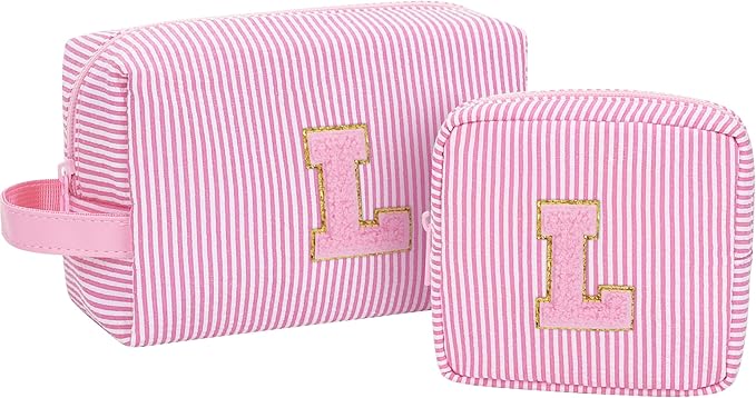 MONSTINA Personalized Initial Makeup Bag for Women,Make Up Case for Girlfriend Bridesmaid Wife,Birthday Gift for Her Cute Toiletry Bag,2PCS,Pink L