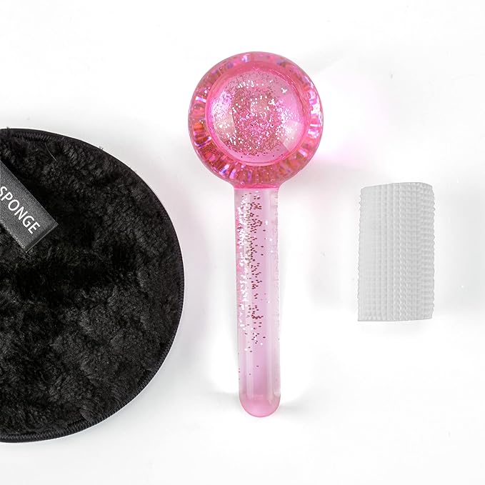 Facial Ice beauty ball- 2PC Globes Pink Facial Roller for Cold or Hot Skin Massagers Globe Durable Quartz Glass for Face and Eye Rollers Reduce Puffiness