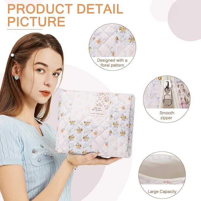 Floral Makeup Bag, Small Cosmetic Bag for Women Girls, Cute Cotton Makeup Bag, Quilted Makeup Bags, Flower Travel Toiletry Organizer Bag(Folk Style)