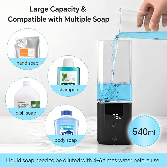 LAOPAO Soap Dispenser, Automatic Soap Dispenser Wall Mount Rechargeable Foaming Soap Pump for Bathroom Kitchen, Touchless Foam Soap Dispenser for Dish/Hand/Shower Soap, Home & Commercial, 540ml, Black