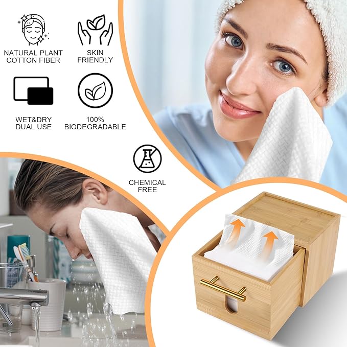 Face Towels Holder with 60 XL Towels, Disposable Towelettes Bamboo Box Cotton Balls Holders, Facial Towels Container with Drawer, Towels XL Organizer for Bathroom, Makeup Remover Dry Wipes Washcloths