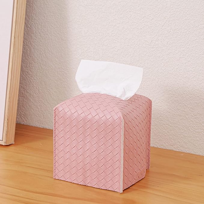 Tissue Box Cover PU Leather Tissue Holder Square Facial Tissue Case Facial Paper Organizer Dispenser for Bathroom, Vanity Countertop, Tabletop, Car, Pink
