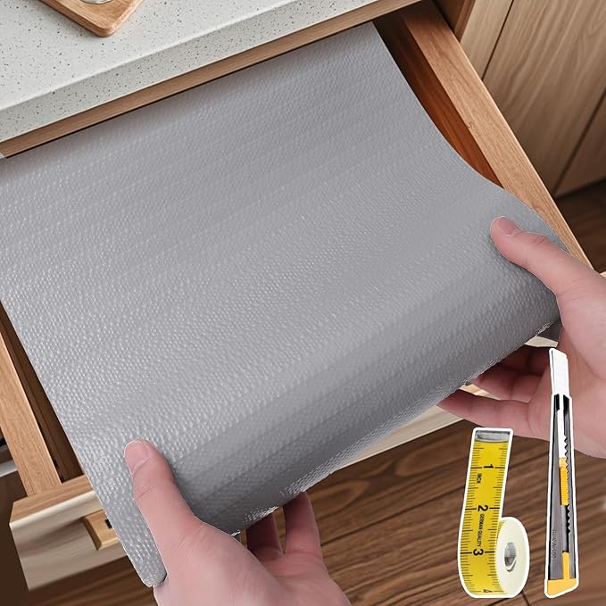 Shelf Liners for Kitchen Cabinets Non Adhesive Drawer Liner 12in x 20FT Pure Grey Thickened Shelf Liner Strong Non-Slip Easy to Clean for Tool Box Refrigerator with Knife and Tape Measure