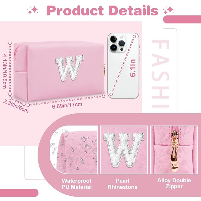 ChaoGreat Bride Gifts – Personalized Initial Makeup Bag with Pearl Rhinestone Patch, Preppy Pink Monogram Cosmetic/Toiletry Pouch, bridesmaid Gifts, Bridal Shower Gifts, Wedding Gifts, Bridal Gifts,W