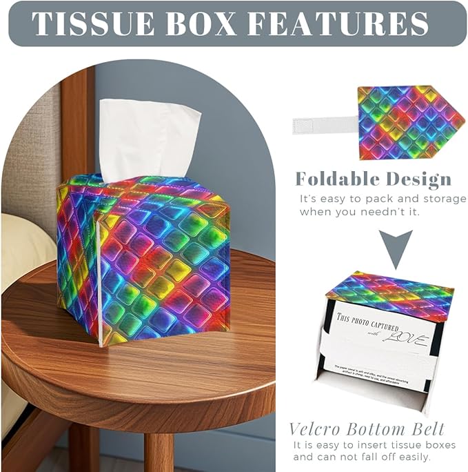 Rainbow Tissue Box Cover Neon Colorful Tiles Purple Blue Pink Square PU Leather Waterproof Tissue Box Holder for Bathroom Kitchen Bedroom Vanity Countertop Night Stands