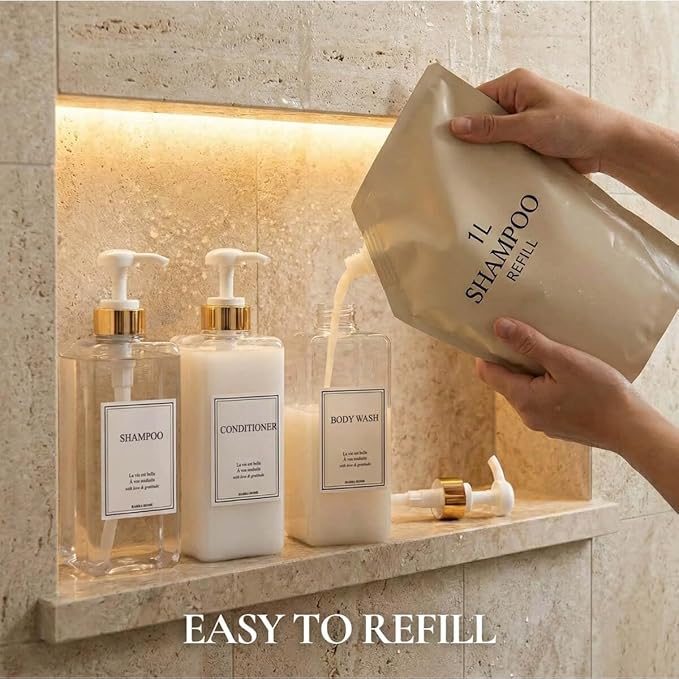 Modern Gold Design Shampoo and Conditioner Dispenser, Large 27oz Shower Soap Dispenser, Set of 3 Refillable Empty Plastic Pump Bottles for Bathroom, 6 Waterproof Labels Included, (Clear & White)