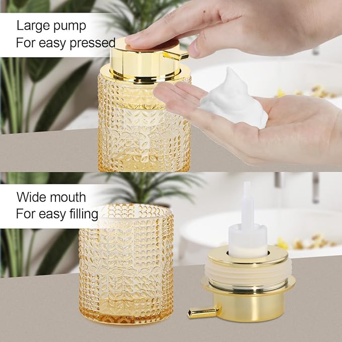 Amber Glass Foaming Soap Dispenser, 2pcs Refillable Foam Soap Dispenser with Gold Pump, Glass Lotion Container Bottle for Kitchen and Bathroom Countertop,Wide-Mouthed and Easy to Press