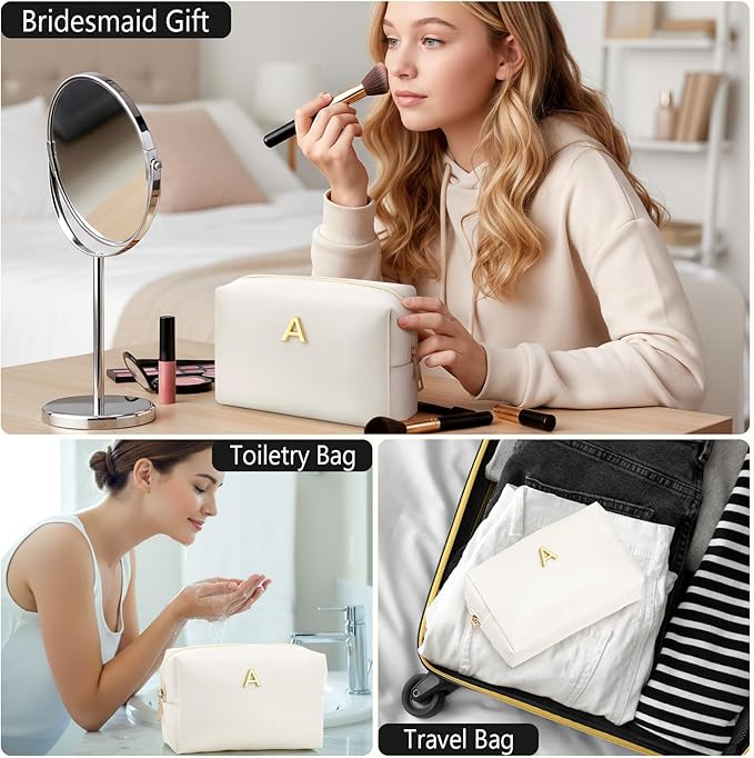 Kigeli Initial Makeup Bag for Women Beige Leather Easter Basket Gifts Monogram Cosmetic Bag Small Travel Toiletry Pouch Wedding Birthday Graduation Bridesmaid Gifts for Teen Girls Women Teachers(J)