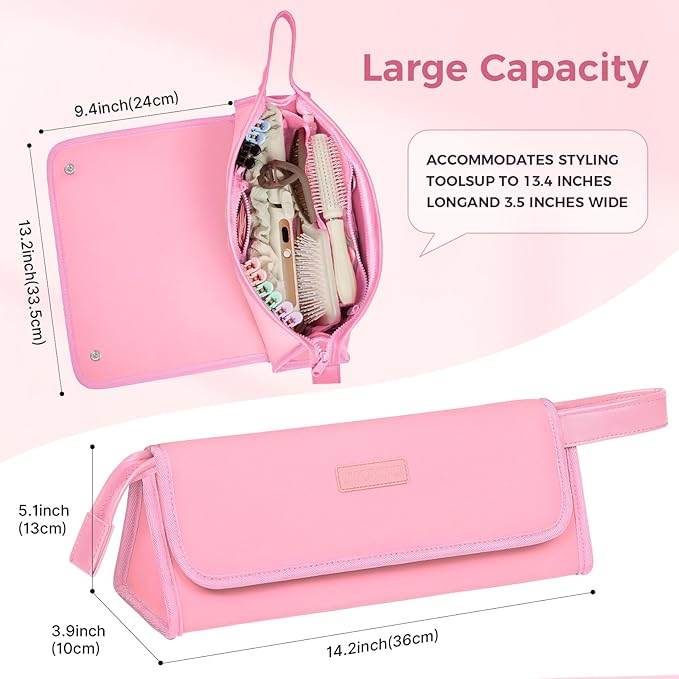 Hair Tools Travel Bag and Heat Resistant Mat, 2 in 1 Portable Organizer Hair Travel Case for Curling Iron, Hair Straightener, Flat Irons, PU Hangable Handle, Neoprene (Sweet Pink)