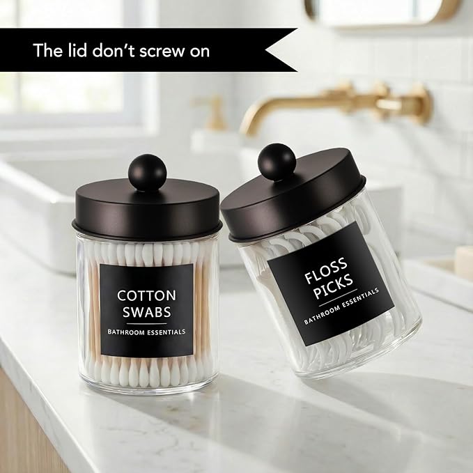 Amolliar 2 Pack Qtips Dispenser Holder - Bathroom Countertop Storage Organizer Containers - Glass Apothecary Jars with Bronze Plastic Lid for Q-tips Cotton Balls, Swabs, Round Pads, Floss