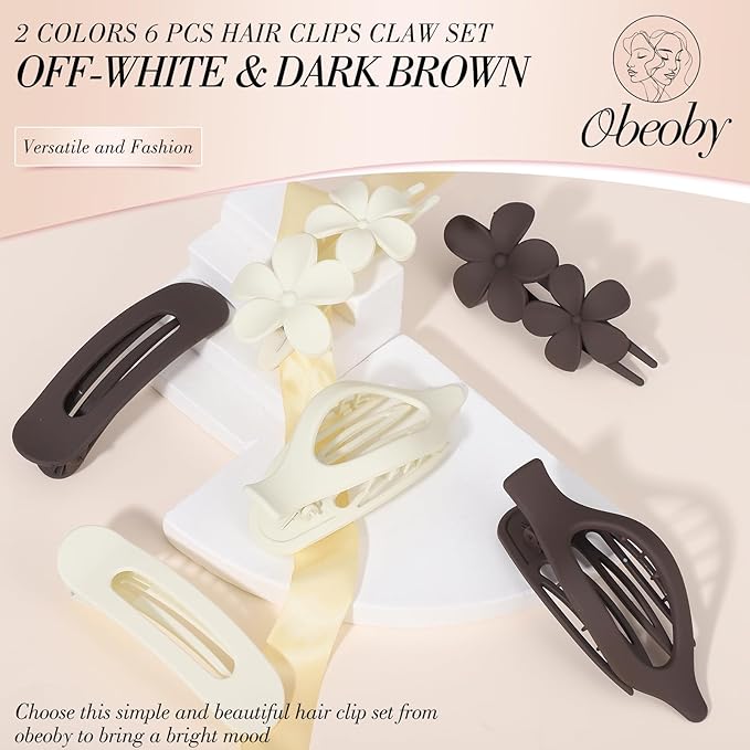 Obeoby 6 PCS Flat Hair Clips for Women, 3 Types French Flat Claw Clips for Thin Thick Hair Barrettes Large Medium (Off-white, dark brown)