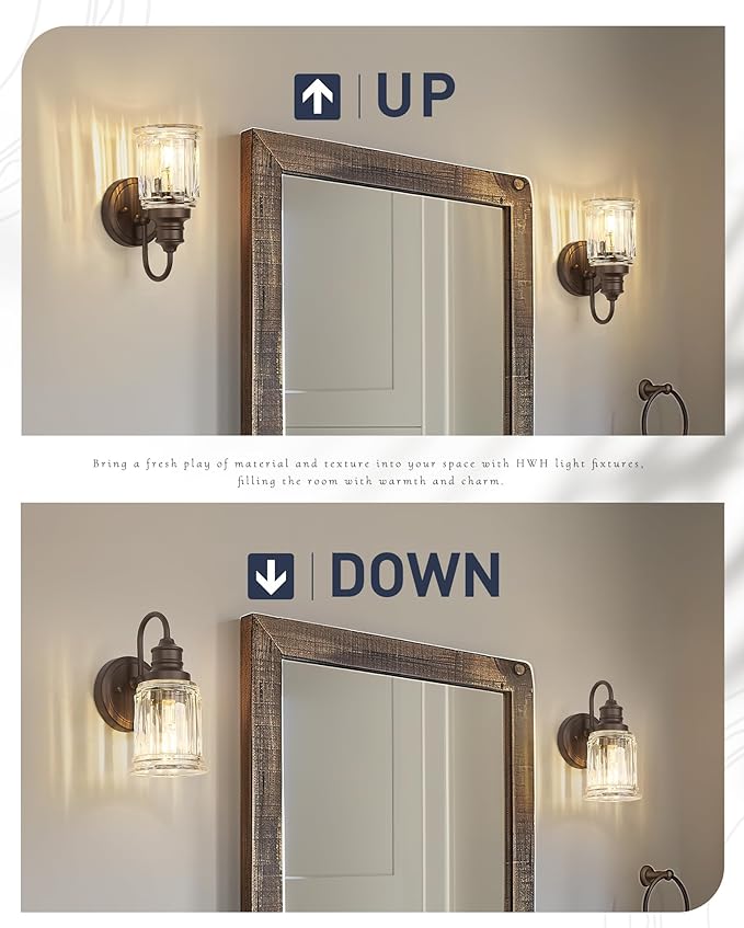 Rustic Wall Sconces Set of Two, HWH Farmhouse Vanity Wall Sconces for Bathroom, 1-Light Wall Sconce Light Fixtures Indoor Wall Lamps for Bedroom, Oil Rubbed Bronze Finish, 5HZG106B-2 ORB