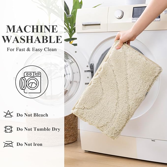 HEBE Bathroom Rugs Sets 5 Piece, Soft Absorbent Microfiber Bath Mat for Bathroom, Non Slip Washable Bath Rug Set with Toilet Cover, Bath Runner and U-Shaped Contour Toilet Rug, Light Beige
