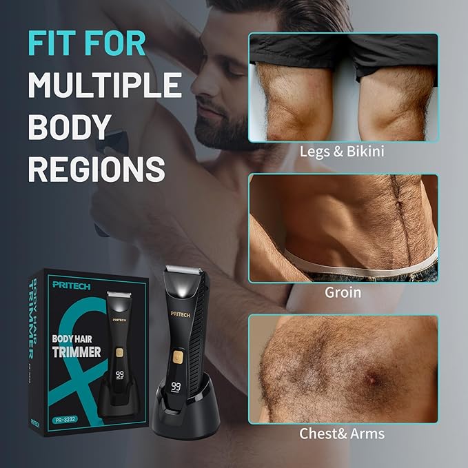 PRITECH Manscape Body Hair Trimmer for Men - Waterproof Pubic Hair Ball Trimmer, Ceramic Blade Electric Body Shavers for Men with USB-C Charging, Wet & Dry Use & Nick-Free Razor, Sensitive Skin Safe