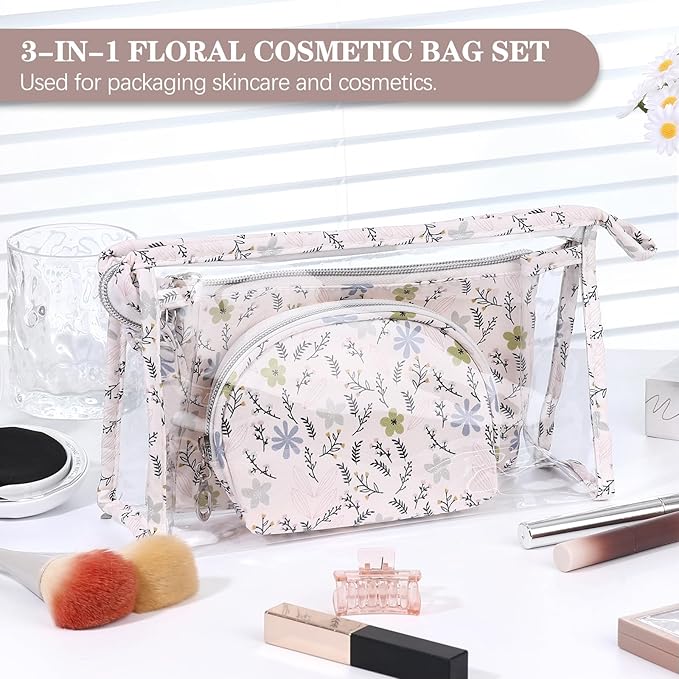 Richeart Makeup Bag, Clear Bag with Zipper, 3PC Floral Flowers Makeup Pouch, Waterproof Small Pouch, Portable Travel Toiletry Bag, D