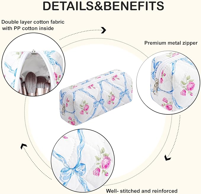 Cute Floral Makeup Brush Bag Small Cotton Quilted Cosmetic Bag for Women Travel Toiletry Zipper Make Up Pouch (Blue Bowknot Rose)