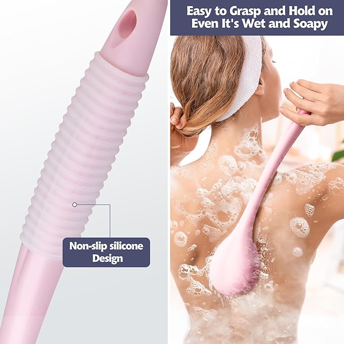 BEDELITE Back Bath Brush Long Handle for Shower of 2 - Soft Shower Brush for Men & Women,Back Brush Scrubber - 16.4" Long Skin Exfoliator for Body Bath Scrubber（Blue & Pink）
