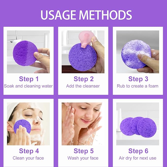 50-Count Large Compressed Facial Sponges for Estheticians,Daily Cleansing and Gentle Exfoliating- 100% Natural Cellulose Spa Sponge Perfect for Removing Dead Skin,Dirt and Makeup(Round 2.95",Purple)