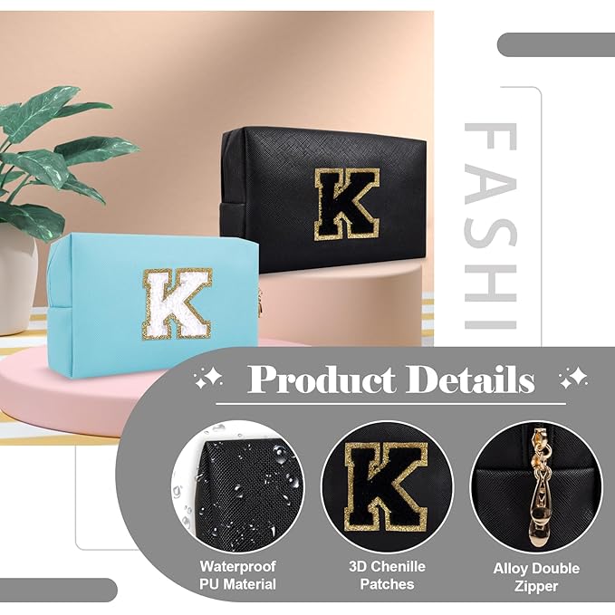 Personalized Initial A-Z Preppy Patch Makeup Bag,Small PU Chenille Letter Cosmetic Bag with Zipper for Teen Girls,Black Cute Toiletry Organizer Bag,Monogram Makeup Case Gift for Women Girls,Letter K