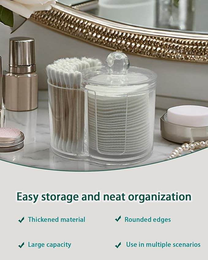 Makeup Pad Holder with Lid and Cotton Swab Storage, Clear Plastic 2-in-1 Dual Compartment Bathroom Vanity Organizer, Durable PS Canister for Cotton Rounds, Dental Flossers and Hair Ties