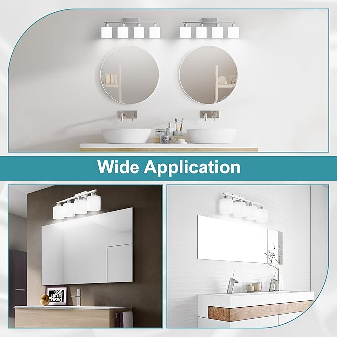 Bathroom Lights Over Mirror Brushed Nickel, Anti-Rust 4-Light Bathroom Vanity Light Fixtures, Modern 24Inches Wall Sconces E26 Base, Milky White Glass Shades, Bulbs Not Included