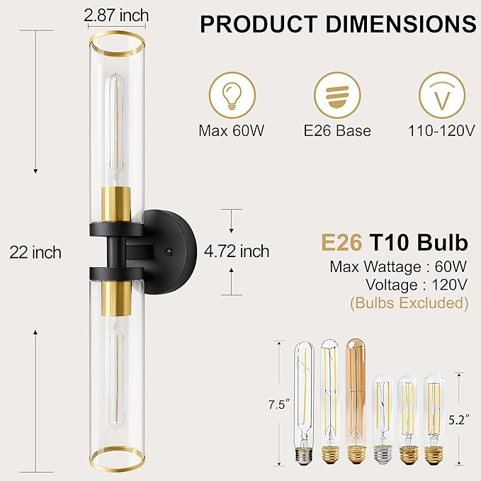 Wall Sconces Set of Two, Black and Gold Bathroom Wall Sconces with Clear Glass,Hardwired Modern Sconces Wall Decor Set of 2 Wall Light for Bathroom Mirror Bedroom Living Room Hallway Vanity