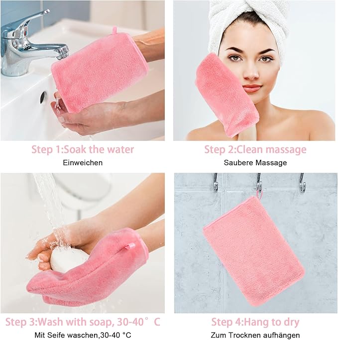 PHOGARY 6 Pack Microfiber Face Washcloths Facial Wash Mitts, 7.8"x5.1" Soft Flannel Towel for Washing Face, Reusable Makeup Remover Absorbent Easy-Dry Puffy Washcloths with Hanging Loop, Pink