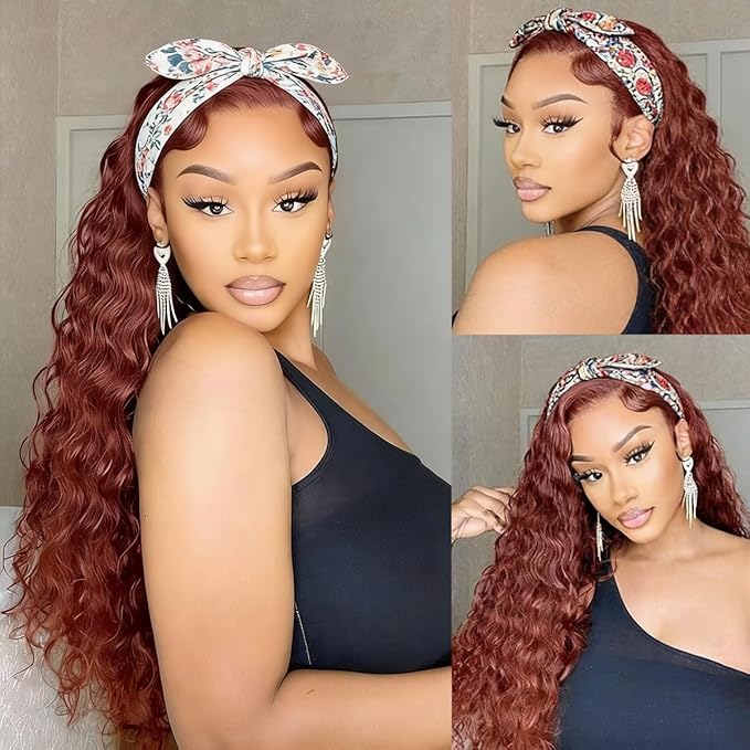 XSY Deep Wave Headband Wig Human Hair Reddish Brown #33 Red Colored Glueless None Lace Front Wig Brazilian Virgin Human Hair Half Wigs for Black Women 20 Inch