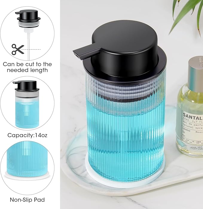 NiHome 14oz Multifunctional Glass Foaming Hand Soap Dispenser with Elegant Stripe Pattern, High-Capacity Easy to Refill for Home & Commercial Use, Advanced Foam Pump & Non-Slip Base (Frosted Black)
