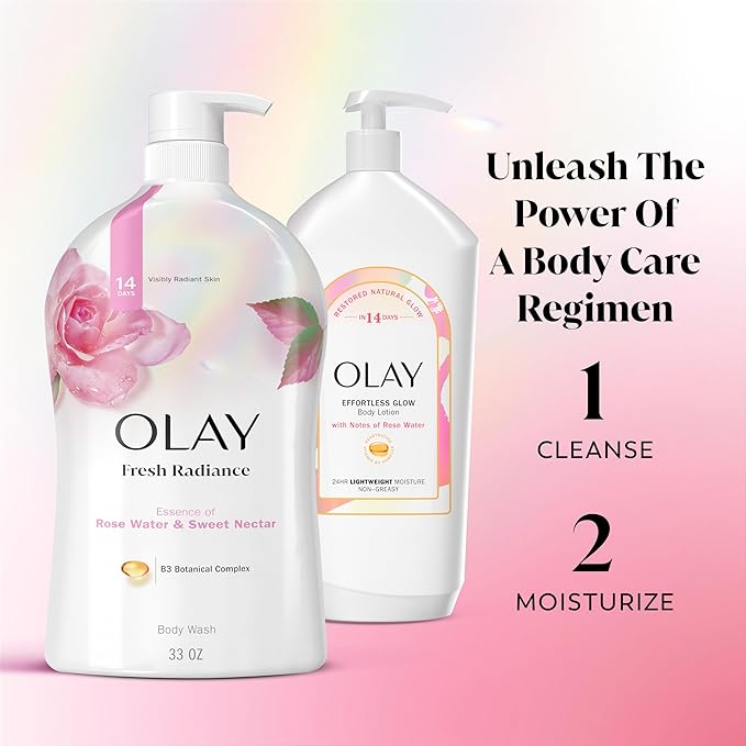 Olay Body Wash for Women, Fresh Radiance, Refreshing & Renewing, Made with Plant Based Cleansers, B3 Botanical Complex, For All Skin Types, Rose Water & Sweet Nectar Scent, 33 fl oz (Pack of 4)