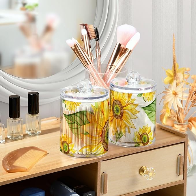 2 Pack Qtip Holder Dispenser for Cotton Ball Yellow Sunflower Flower Cotton Swab Cotton Round Pads Clear Plastic Acrylic Jar Set Bathroom Canister