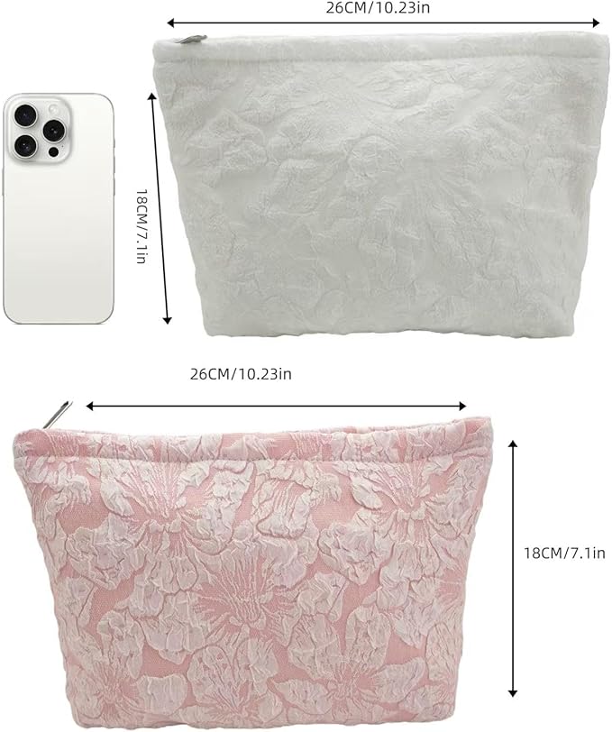 2-Pack Large Flower Makeup Bag Set - White & Pink Floral Canvas Cosmetic Organizer | Aesthetic Capacity Travel Toiletry Bag for Women (Makeup Brushes & Accessories Storage)