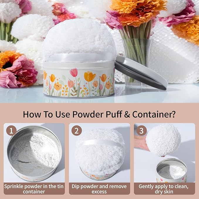 Large Body Powder Puff and Container Tin, 5.5” x 2.8” Powder Puff for Body Powder, Dusting Powder - Soft Powder Applicator Puff for Women, Reusable Empty Powder Container with Puff (White Puff & Case)