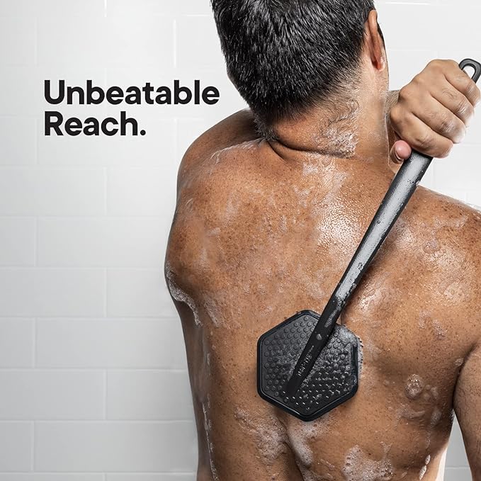 TOOLETRIES Silicone Back Scrubber with Hook - Exfoliating Shower Brush, Back Washer for Men, Durable Back Brush with Long Handle - Long Lasting Bath & Shower Accessories - Charcoal