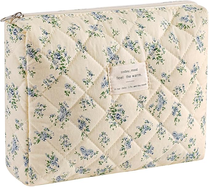 uekeboag Quilted Cotton Makeup Bag,Coquette Quilted Toiletry Bag for Women and Girls,Floral Coquette Pouch,Cute Kawaii Travel Cosmetic Bags(Yellow Blue Flower)