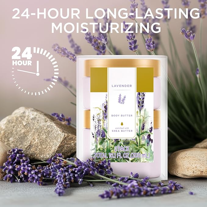 Princess Belle Lavender Body Butter, Body Moisturizer for Dry Skin, Body Butter for Women Smell Good, Lavender Gifts for Women-2 Pack (3.4floz + 6.8 floz)