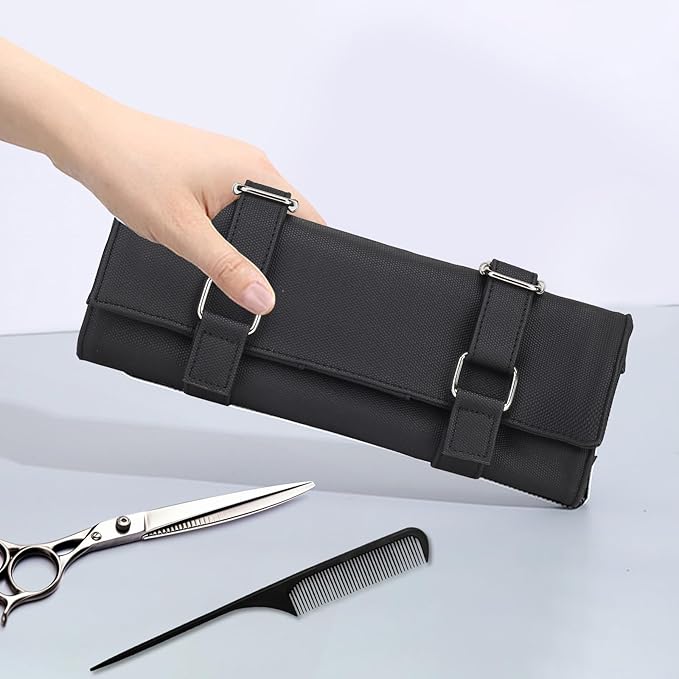 Salon Scissors Bag Roll Up, 14 Pockets PU Stylist Grooming Scissors Holder Barber Hair Scissor Shears Cases for Hairdressers (HJ-ZP012-Black)