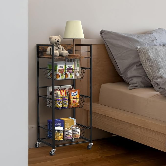 Sunexinlo 4-Tier Kitchen Rolling Cart with 3 Pull-Out Wire Baskets, Wooden Top and 360° Wheels, Narrow Kitchen Storage Cart for Fruit, Vegetable, Pantry, Bathroom, Laundry Room, Rustic Brown